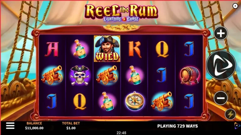 Tampilan visual slot Reel the Rum dengan latar belakang pulau tropis dan simbol bajak laut.