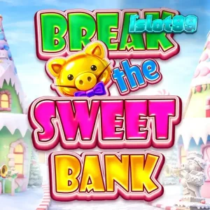 Tampilan layar permainan slot Break the Sweet Bank dengan gulungan penuh permen dan celengan babi di atasnya.
