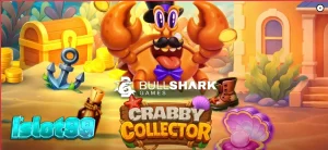 Karakter kepiting berkelas dalam slot Crabby Collector dengan latar belakang terumbu karang yang cerah.
